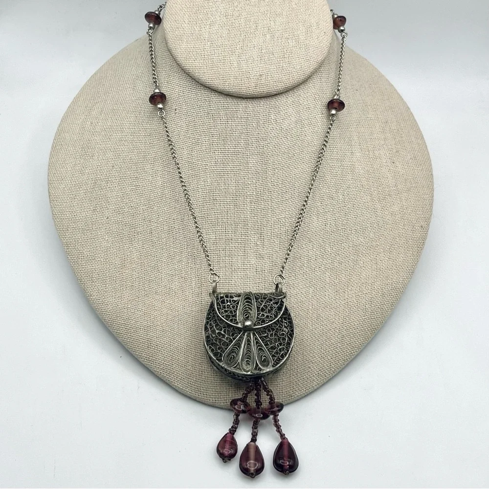 Antique Silver Filigree Purse Pendant Necklace With Amethyst Accents - Picture 3 of 15